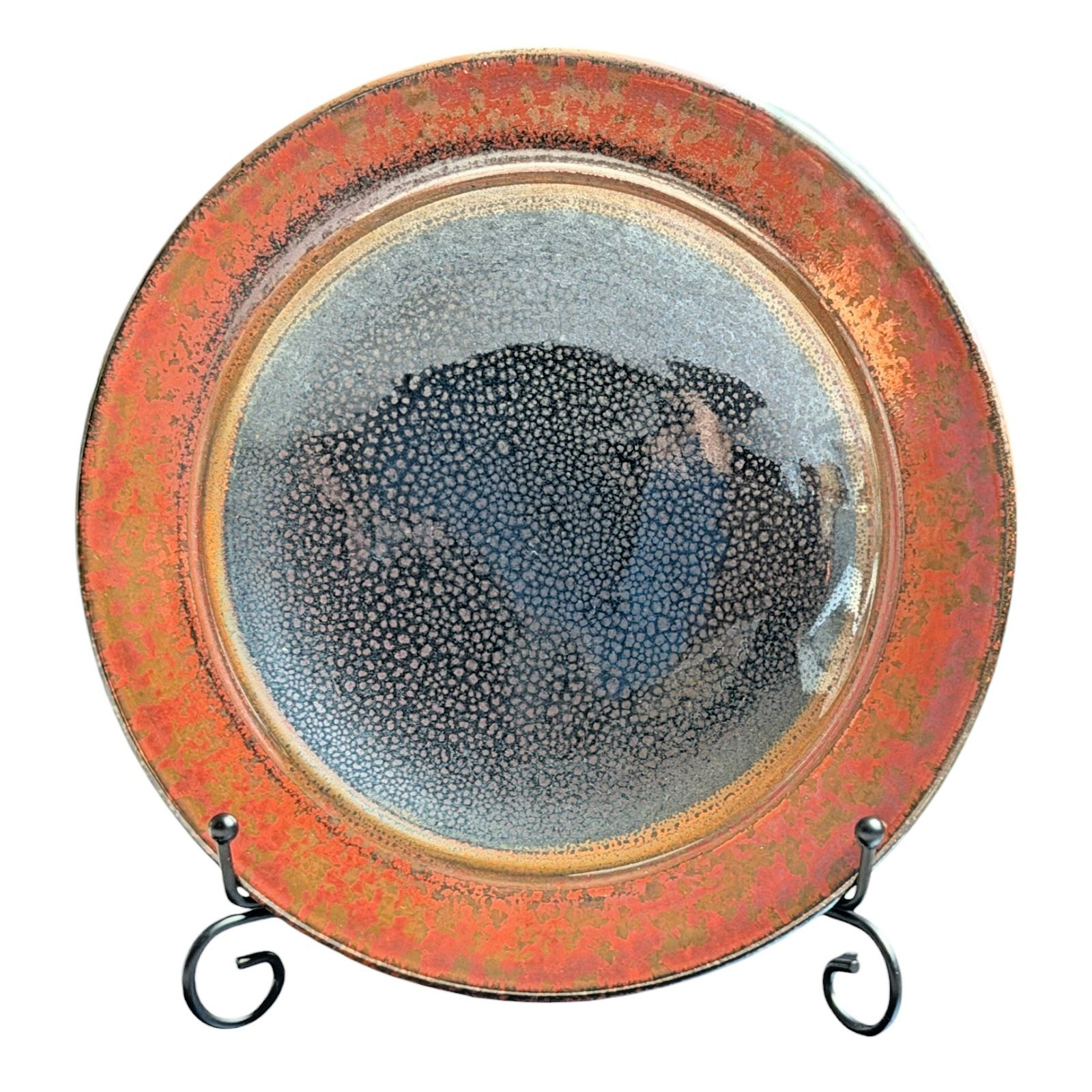 Vintage Studio Pottery Oil Spot Tenmoku Glaze Dinner Plate - Orange Kaki 9.75”