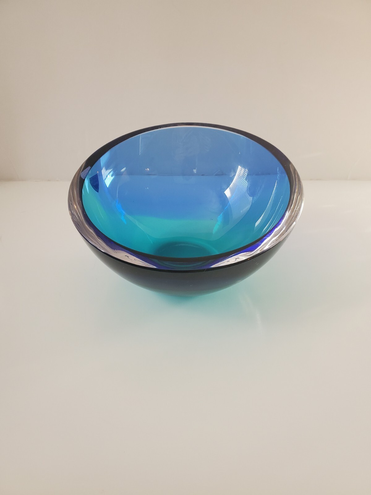 Rare Blue Green Orrefors Crystal Bowl Signed Asymmetric