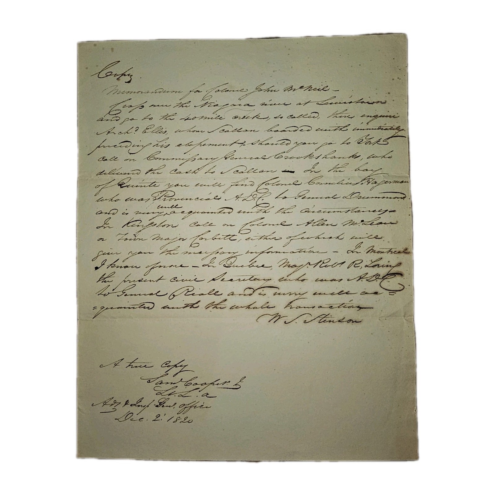 Rare 1820 Canadian Colonial Military Memorandum – Lt. Col. Samuel Coughlan Copy