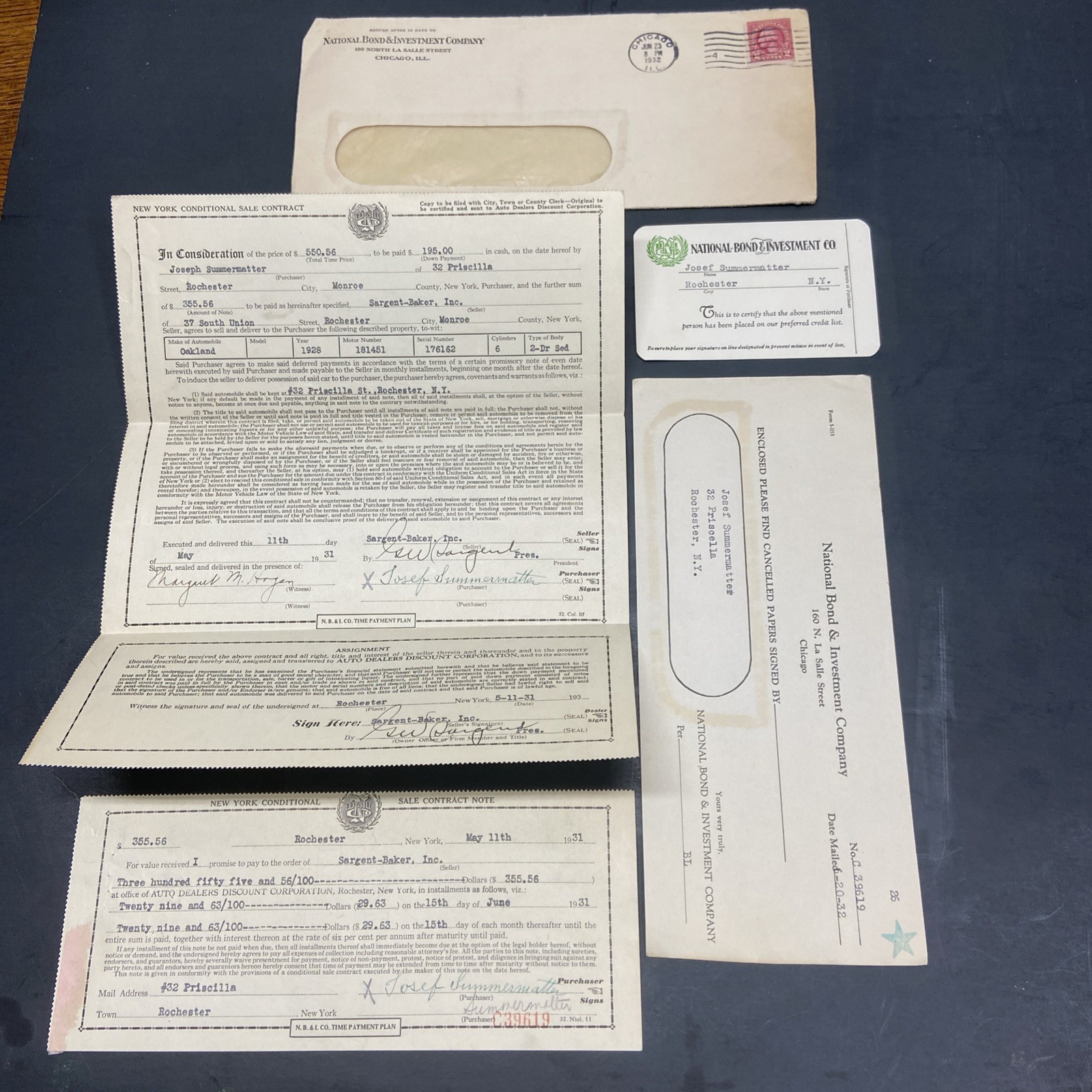 Rare 1928 Oakland 2 Door Sedan Original Conditional Sales Contract Document Set
