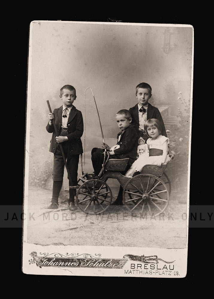antique photo children siblings & great toys miniature riding wagon / buggy doll