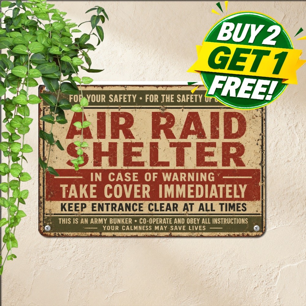 WW2 Air Shelter Bunker Vintage Metal Sign Military History Decor Plaque
