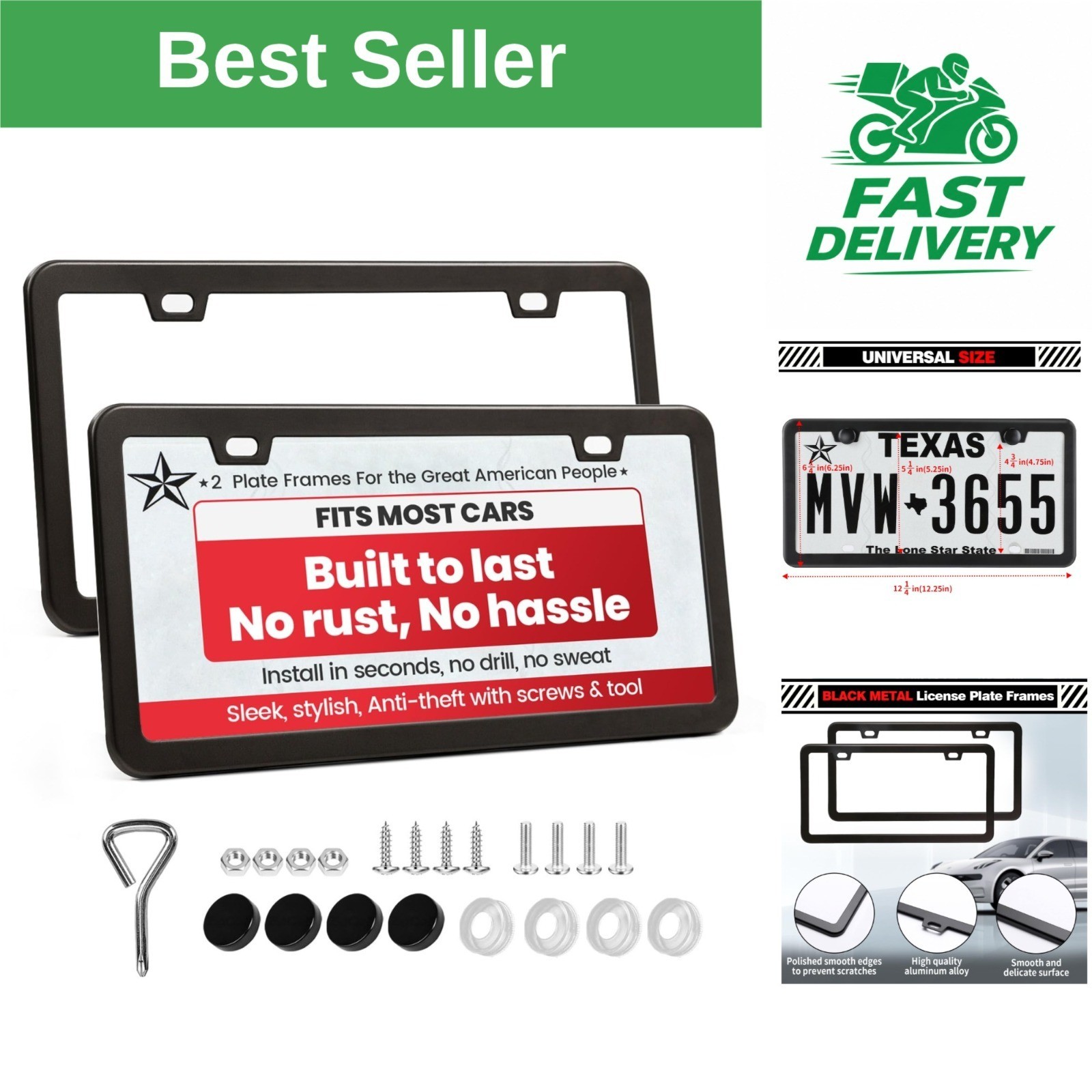 Premium Matte Black License Plate Frames - Rust-Proof Aluminum - 2 Pack