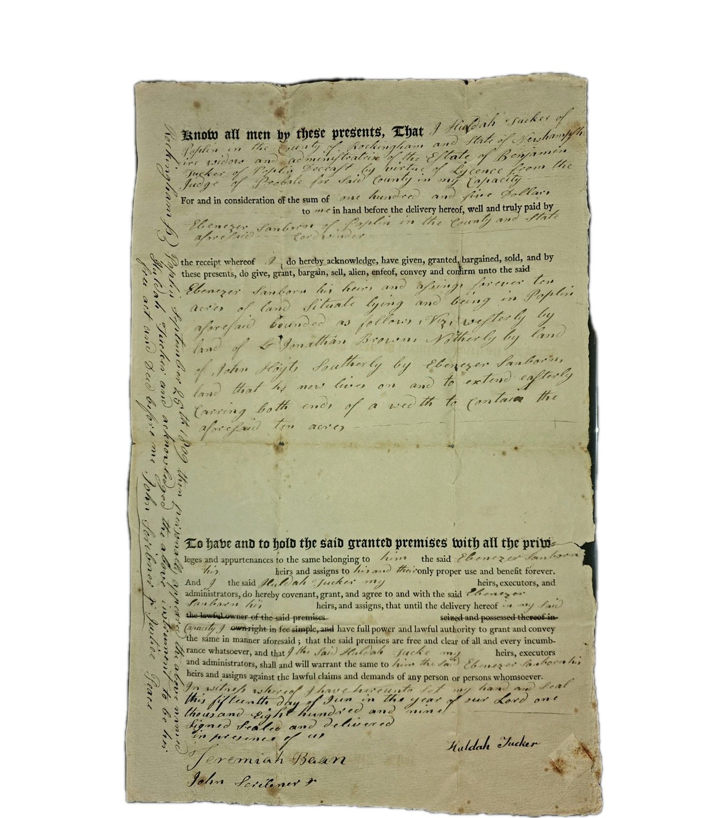 1809 Rockingham NH Deed Huldah Tucker - Ebenezer Sanborn,Bean & Scribner Witness