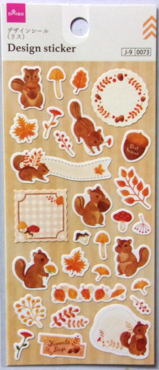 DAISO Autumn Squirrel Mushroom Design Sticker Sheet Japan