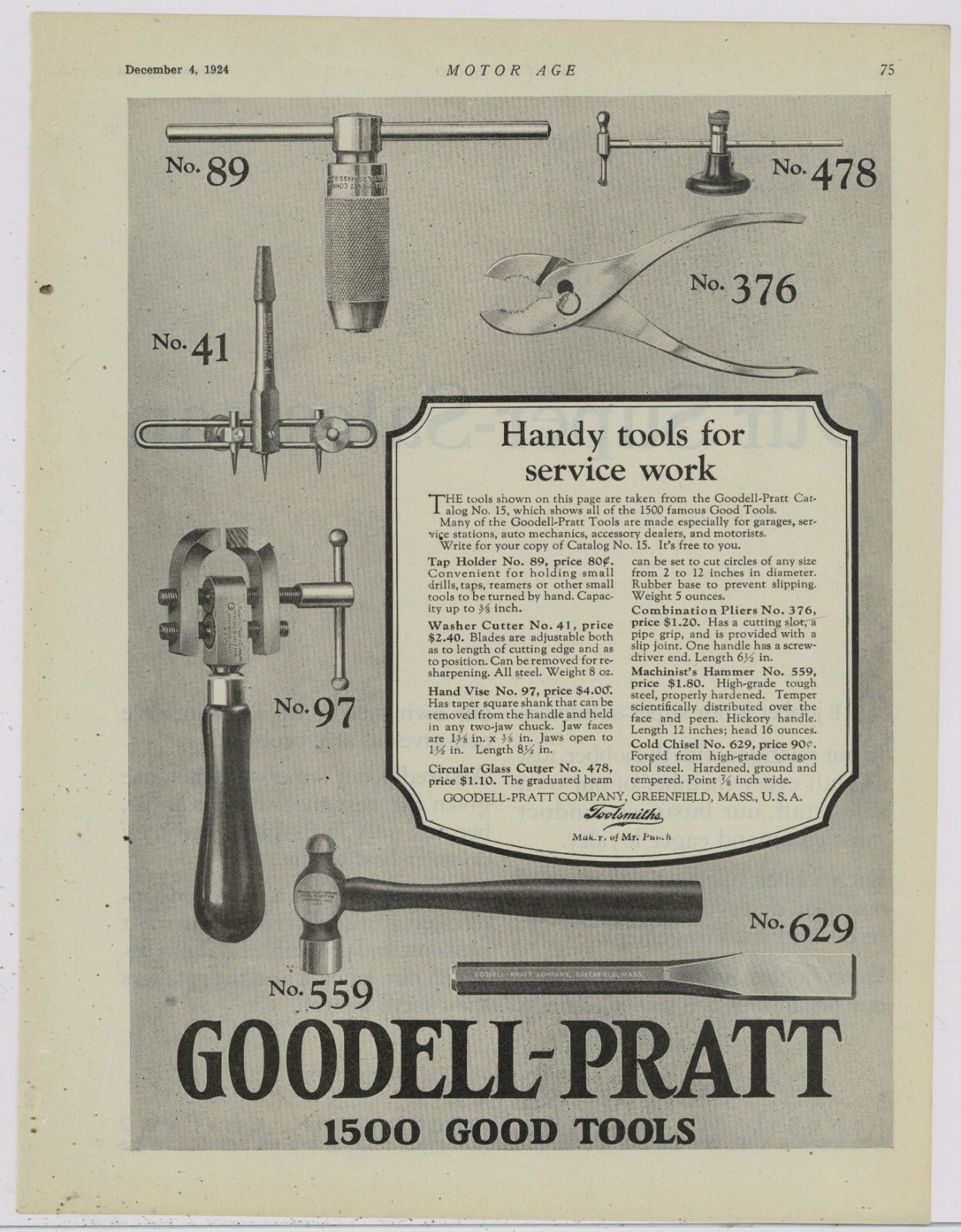 1924 Goodell Pratt Ad: No. 629 Cold Chisel, No. 89 Tap Holder, No. 97 Hand Vise+
