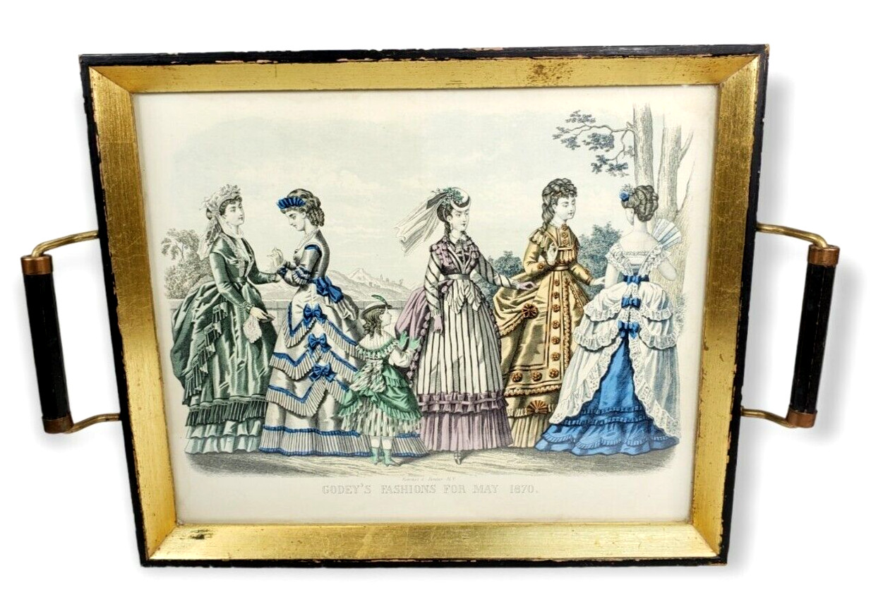 Antique Godey’s Fashion Print May 1870 Victorian Gilt Frame Handled Tea Tray