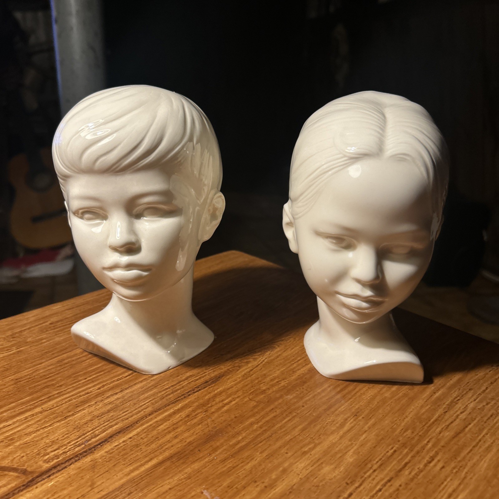 Vintage Pair Of Boy And Girl Head by Holland Mold White