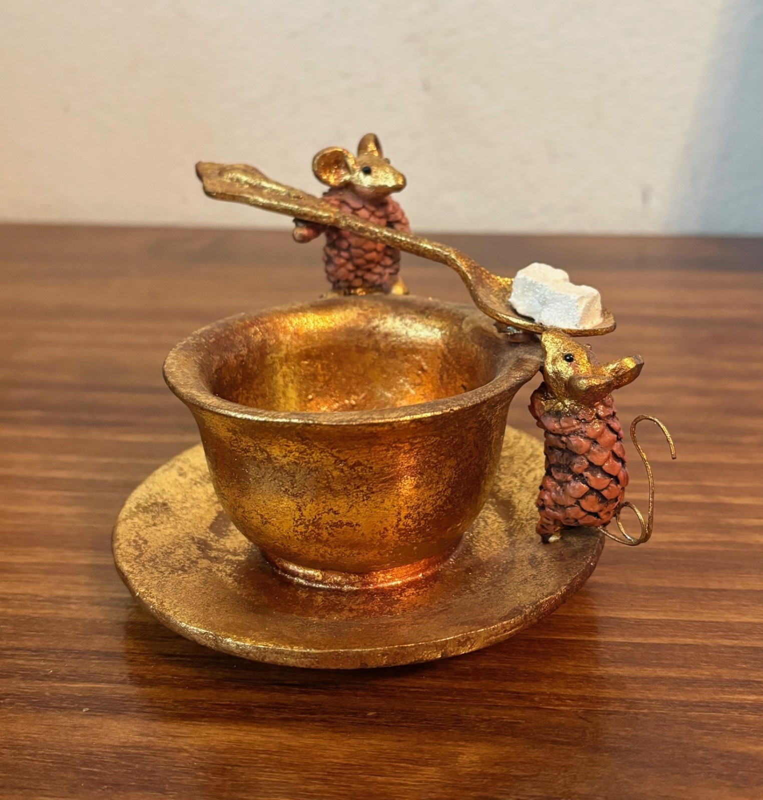 Vintage Department Dept 56 Gilded Gold Pinecone Mice Mouse w Sugar Bowl