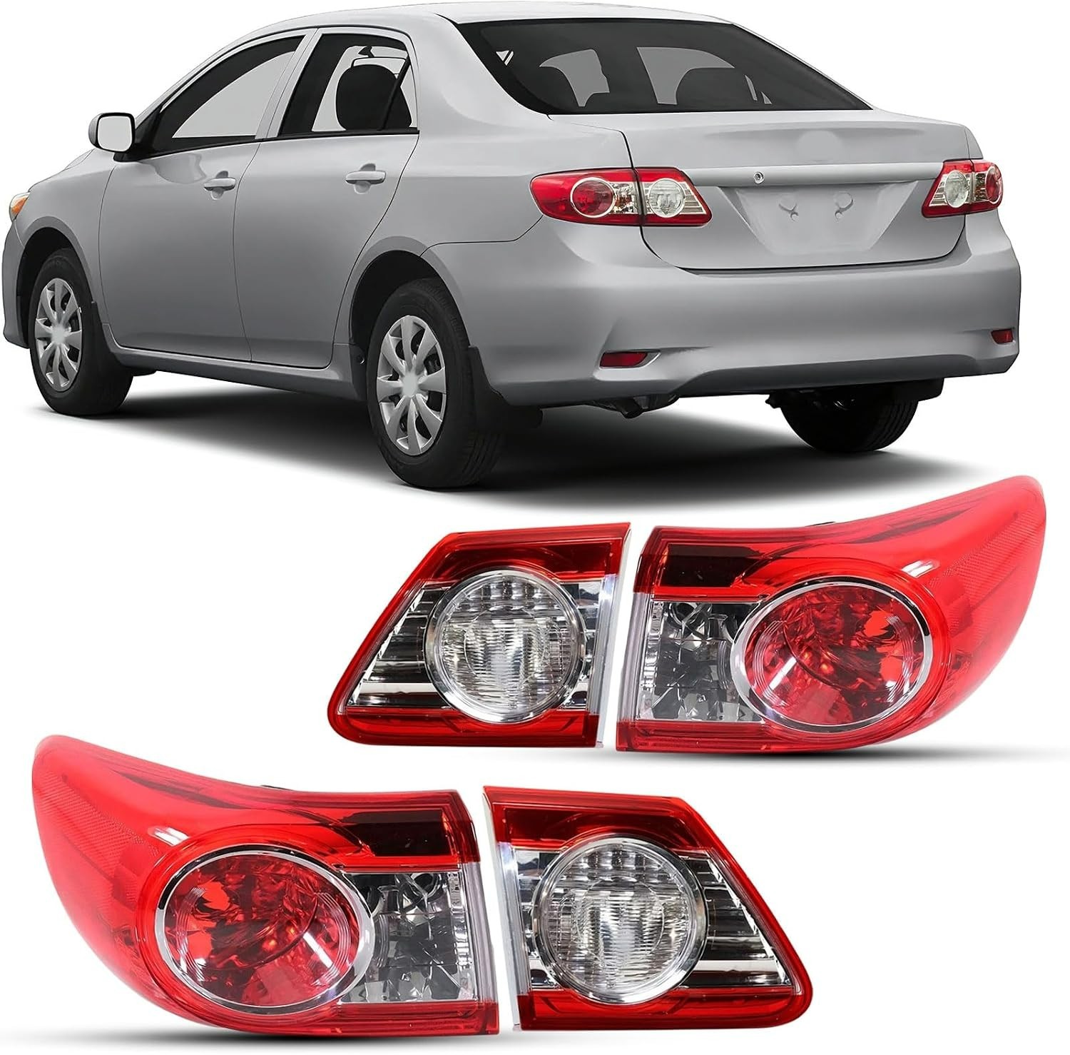 4Pcs Outer+Inner Taillights Housing for 2011-2013 Toyota Corolla Rear Lamps