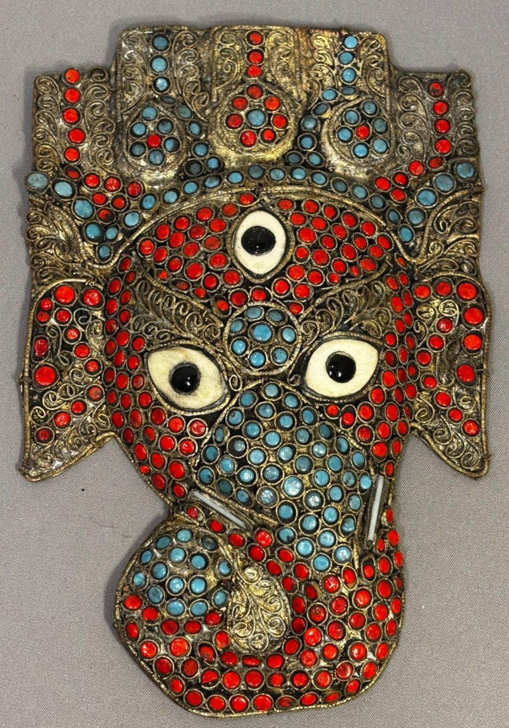Antique Vintage Ganesh Tibetan Handmade Metal Mask with Coral & Turquoise Stone