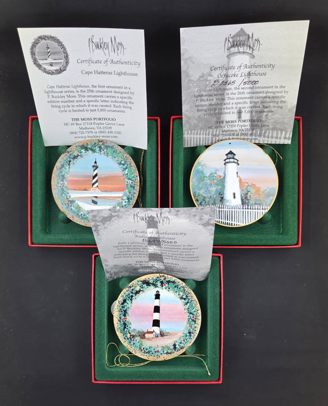 P Buckley Moss Set of 3 North Carolina Lighthouse Holiday Ornaments CoA