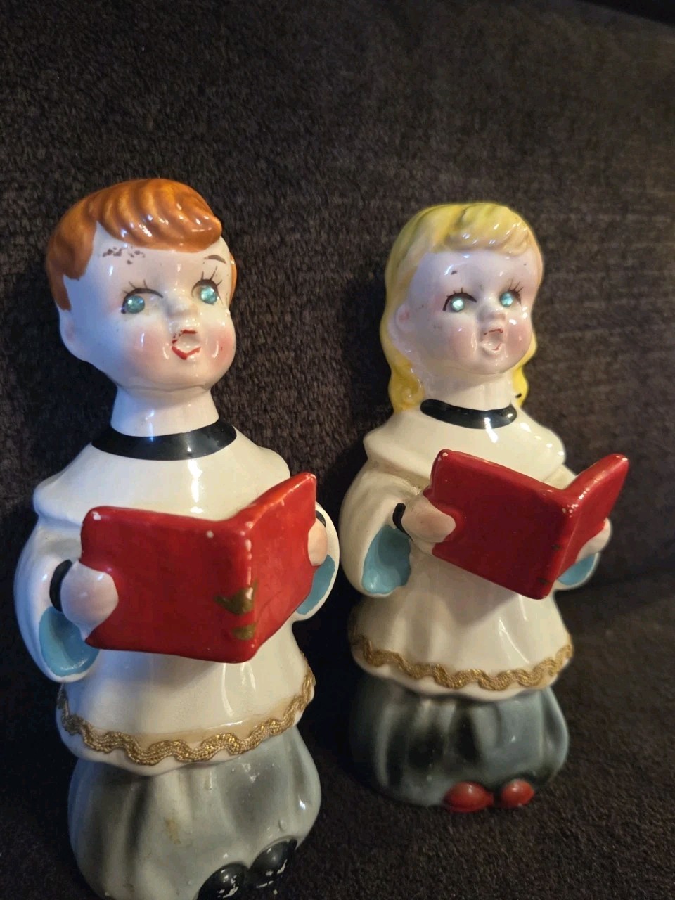 Vintage Ceramic Christmas Carolers Made Japan Gem Blue Eyes 5.5” Boy & Girl