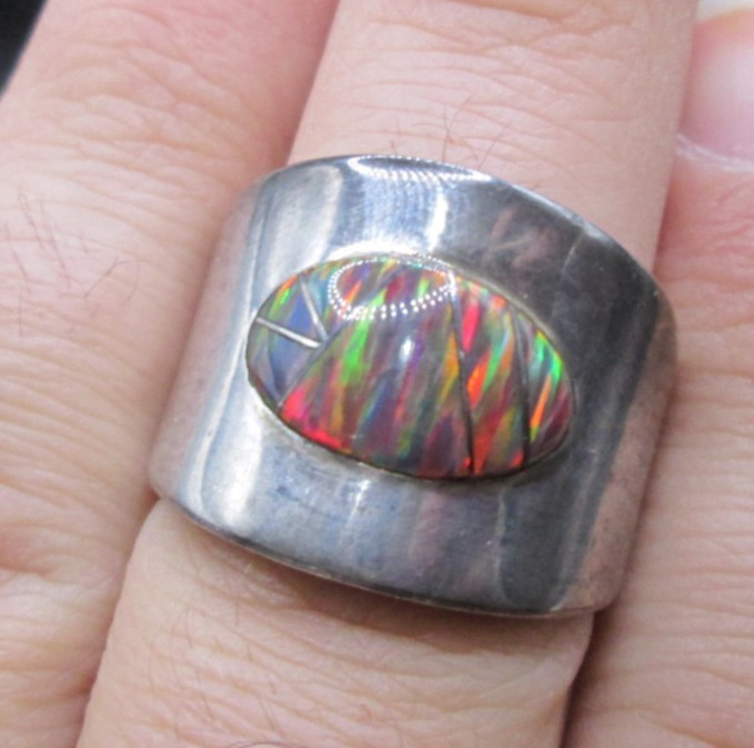 Vintage Reynesta Leland Zuni Fire Opal Sterling Silver Ring Size 9.5 *