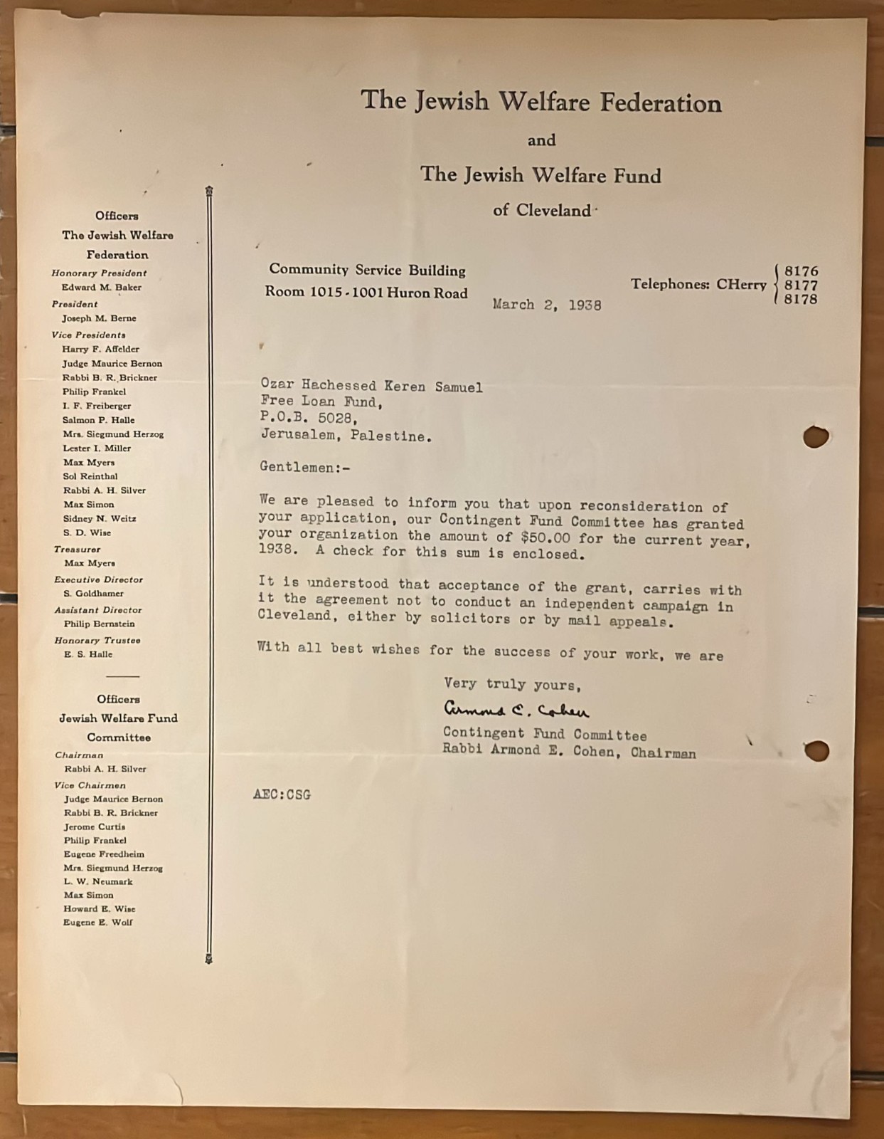 RARE letter from 1938 by Rabbi Armond E. Cohen of Cleveland to Otzar Ha-Chessed