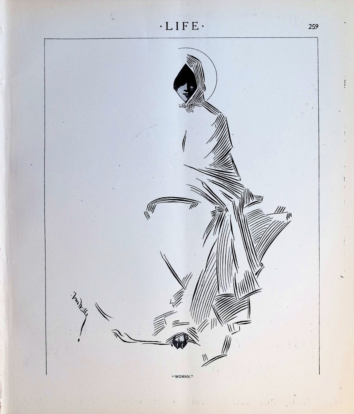 Original 1905 Life Art: Woman Elegant Hooded Robe Fashion Portrait Sketch Mills