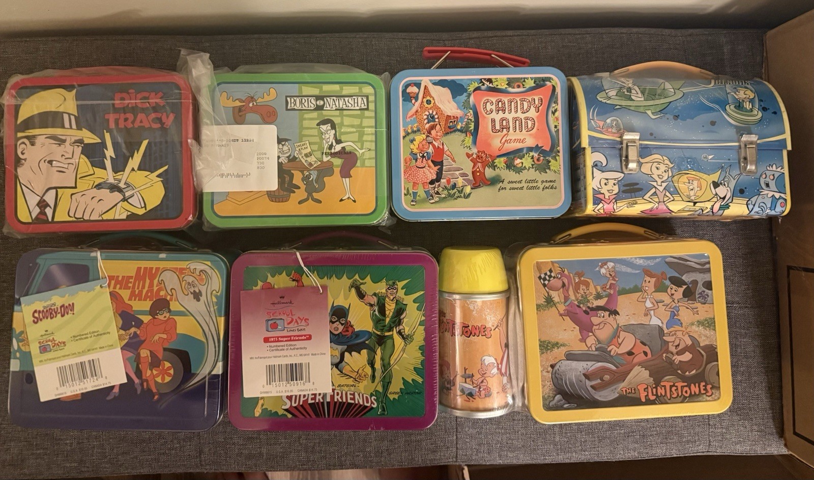 New & Vintage Lunch Boxes - Flintstones, Candy Land, Super Friends, Dick Tracy