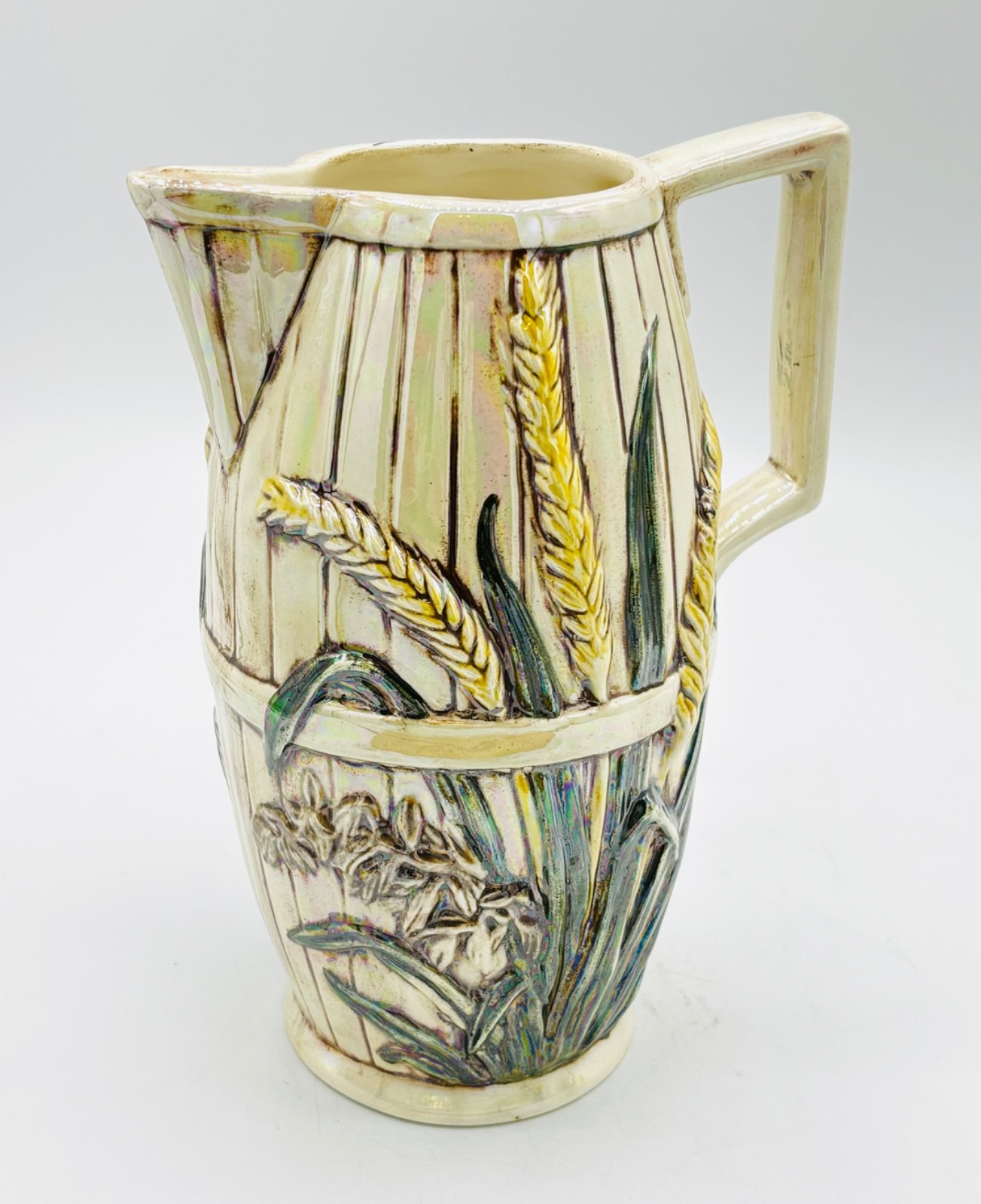 Antique Majolica Jug Pitcher Harvest Wheat Barrel Decor Raised Relief Signed 7”
