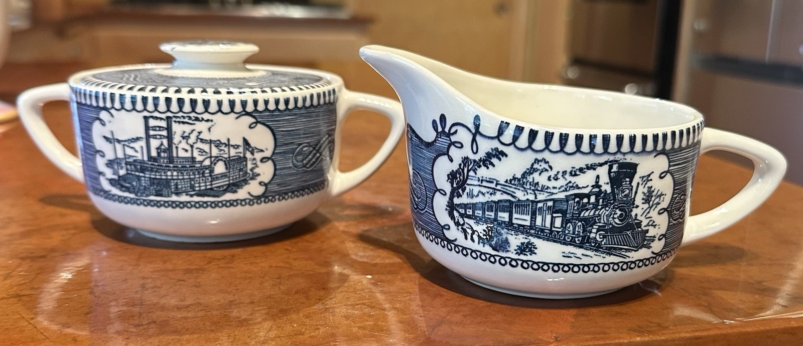 VTG Royal Currier & Ives Blue Transferware Creamer & Lidded Sugar Bowl Set USA
