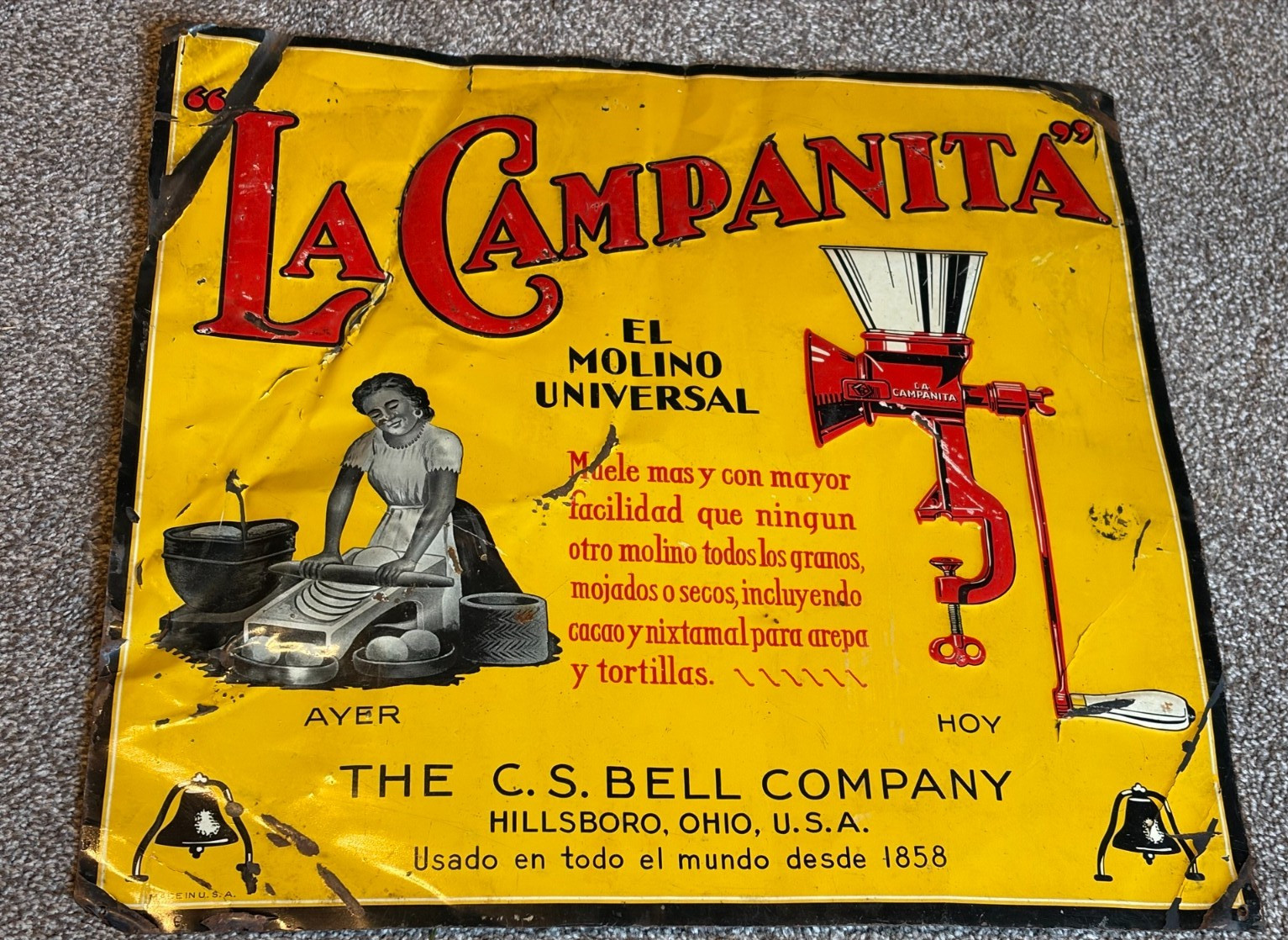 Rare Vintage La Campanita Grain Mill Grinder Advertising Sign C.S. Bell Company