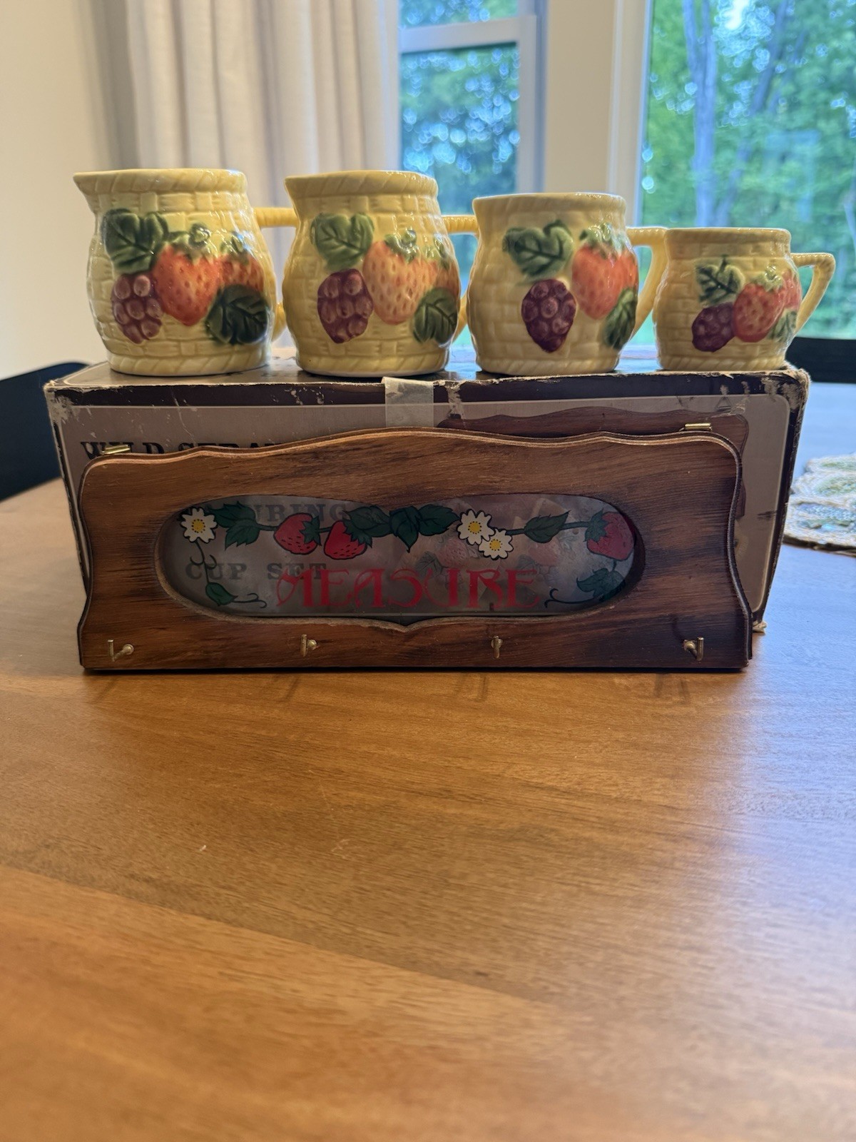 Vintage Wild Strawberry Measuring Cups and Wooden Hanging Rack
