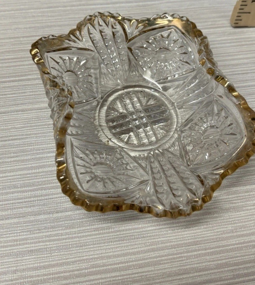 VINTAGE Crystal Candy Bowl Dish With Gold Trim 5 1/2” 