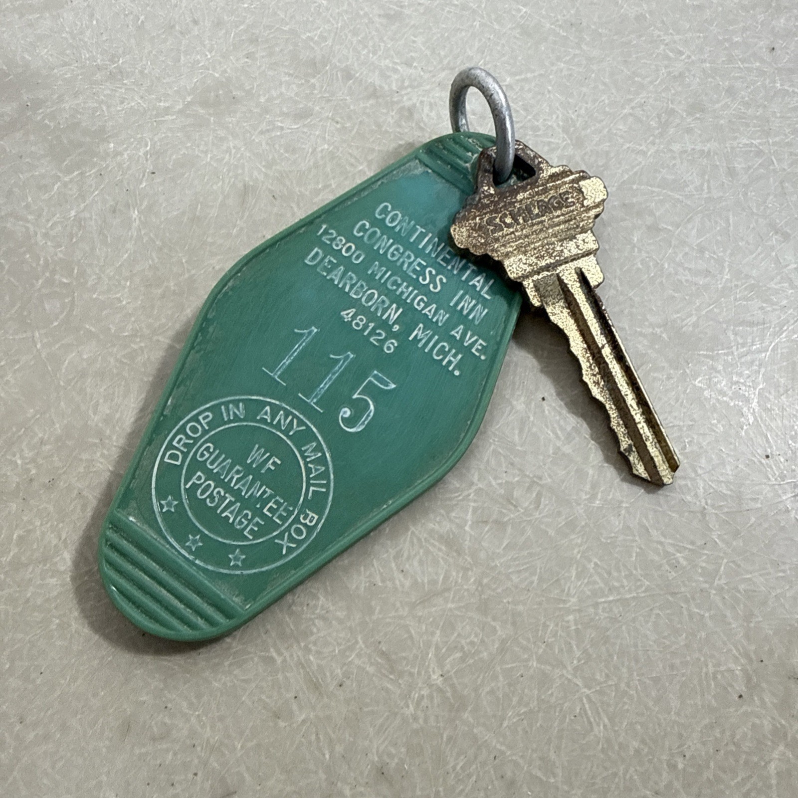 Vintage Continental Congress Inn Room #115 Key & Fob Dearborn, Michigan MI Green