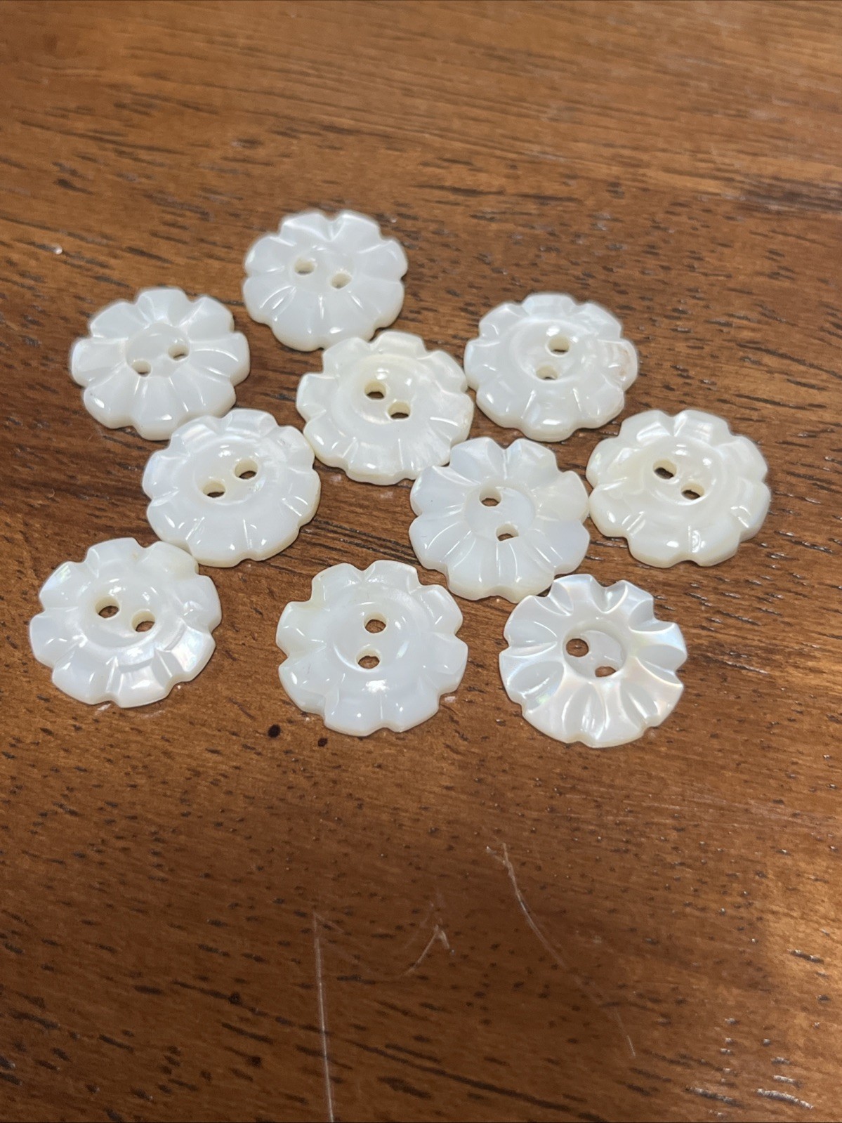 10 Antique Flower Old Stock Mother of Pearl 2Hole  buttons 1/2 Inch