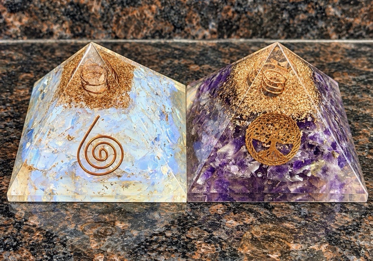 Lot of 2 Orgonite Crystal Pyramids Amethyst Opalite Copper Coil Tree of Life