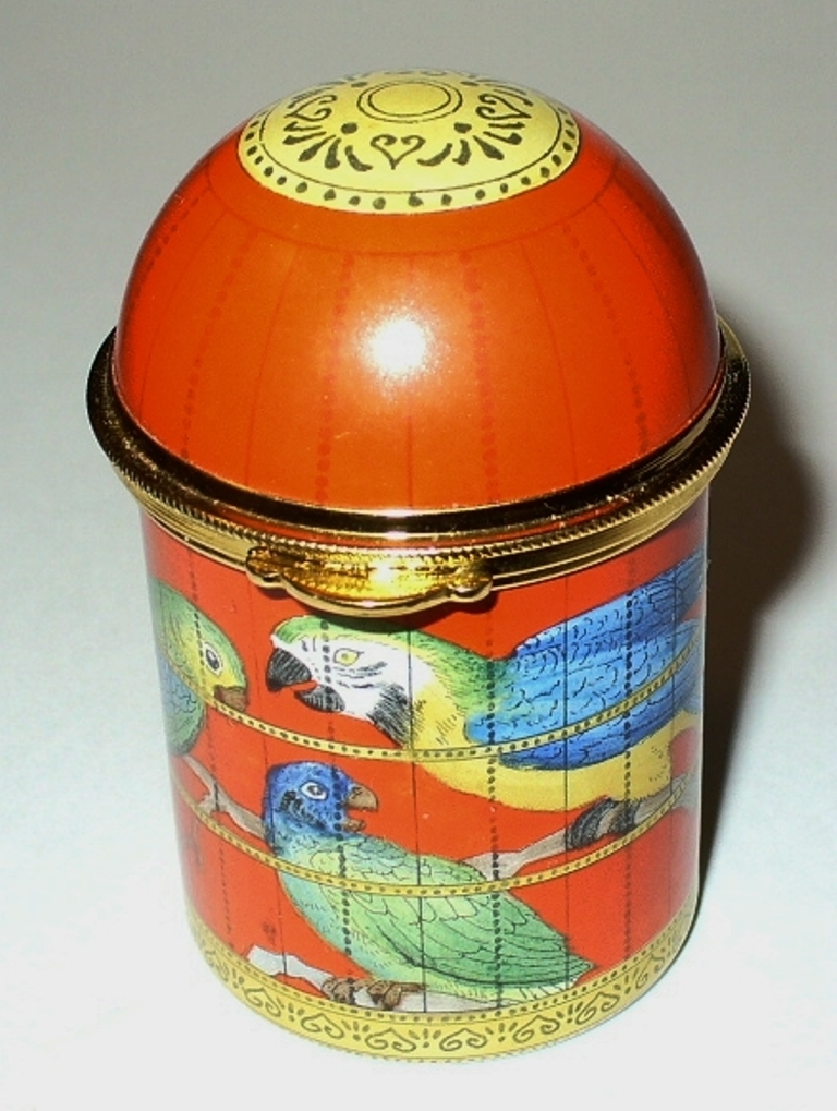 STAFFORDSHIRE ENAMELS BOX - BIRD CAGE & EXOTIC BIRDS -COCKATOO & PARROTS- MACAW