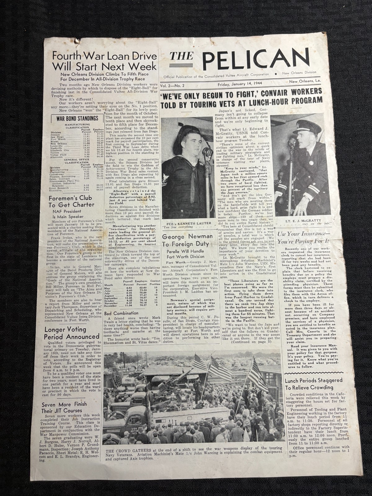 1944 Jan 14 THE PELICAN New Orleans Newspaper VG 4.0 Vultee Aircraft Corp.