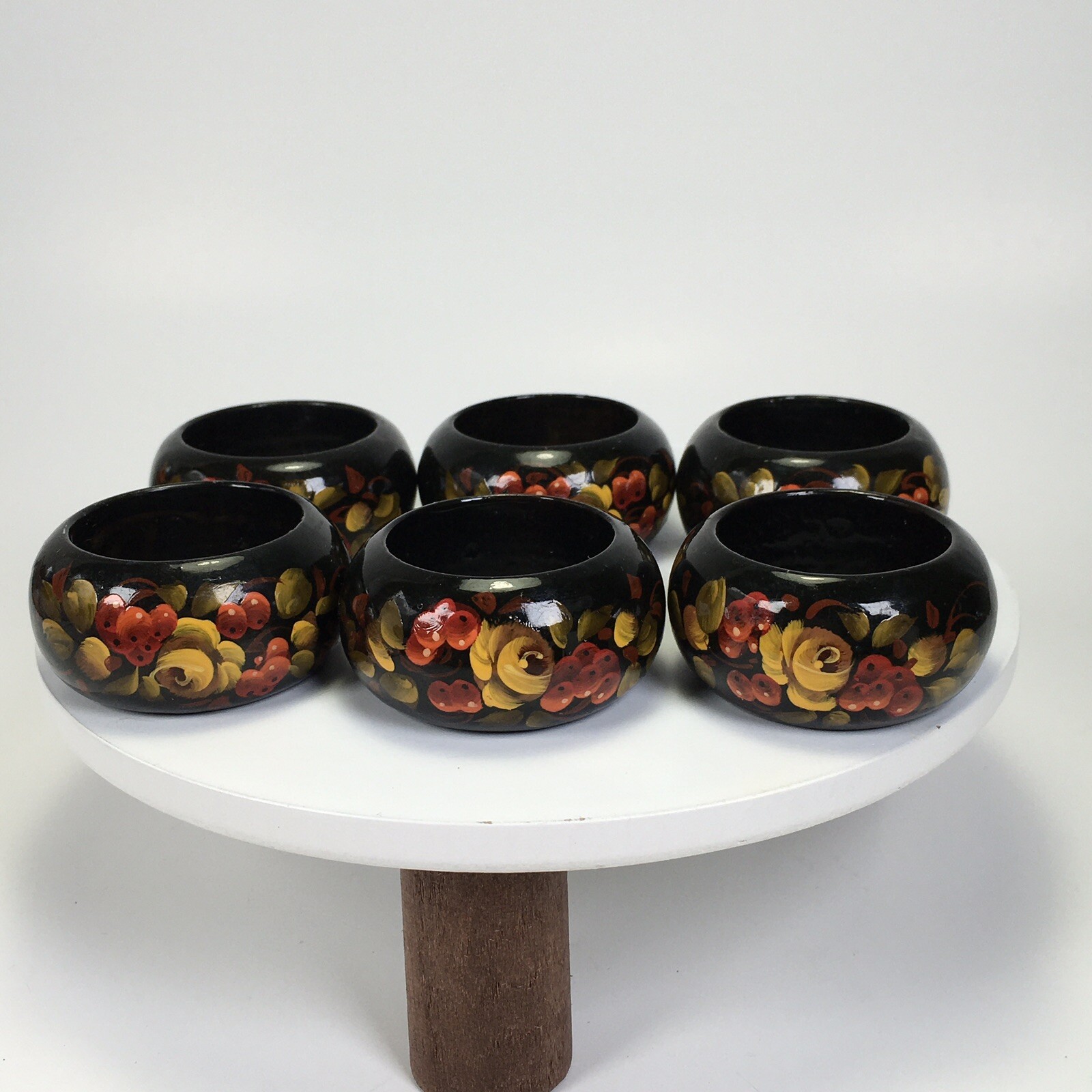 Vintage Hand Painted Floral Napkin Rings Set Of 6 Black Lacquer 