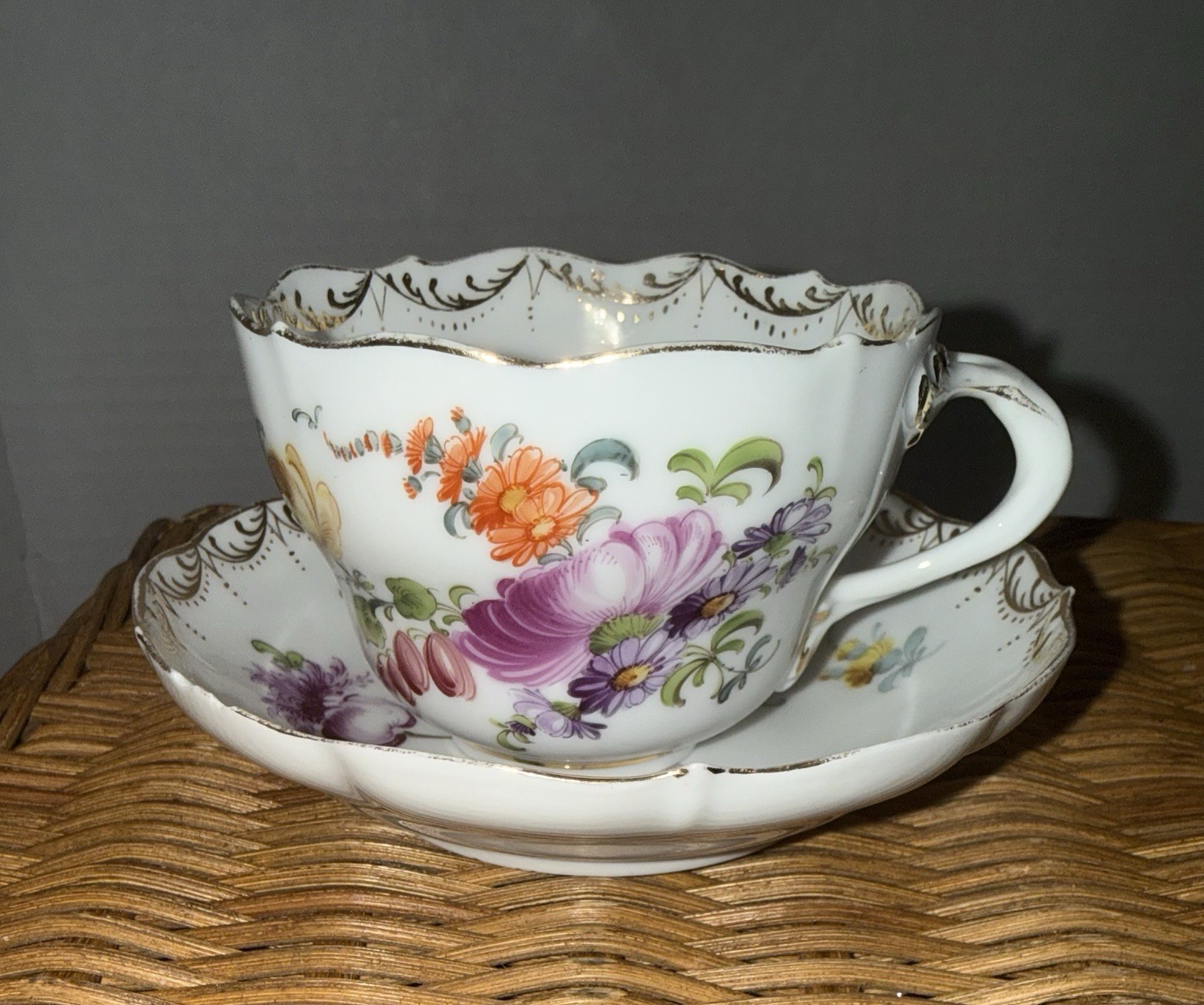 Antique 1895c. Dresden Germany Fine Bone China Tea Cup & Saucer Antique 1895c. Dresden Germany Fine Bone China Tea Cup & Saucer