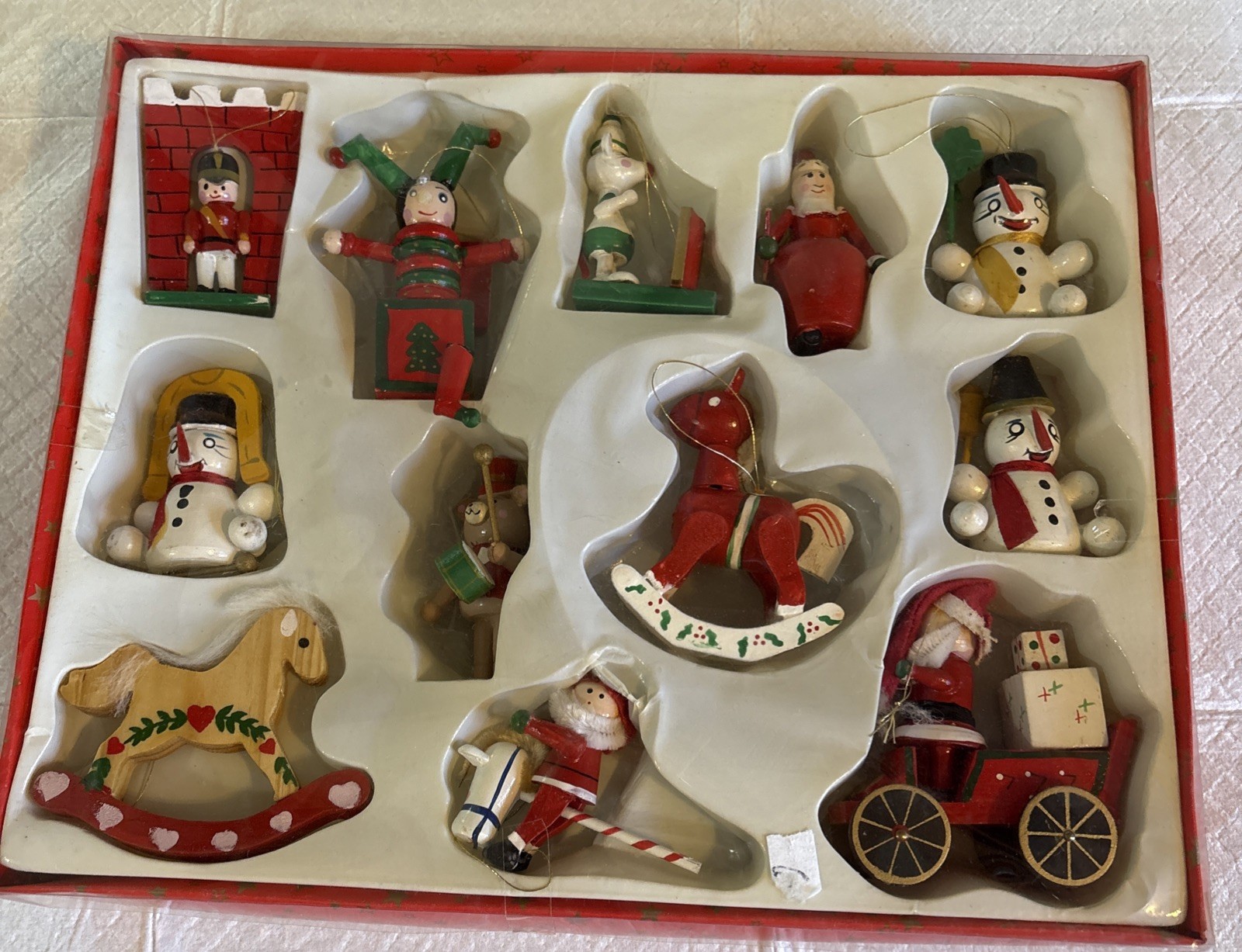 Set Of 12 Vintage Wood Christmas Ornaments-Different Ornaments Christmas NOS