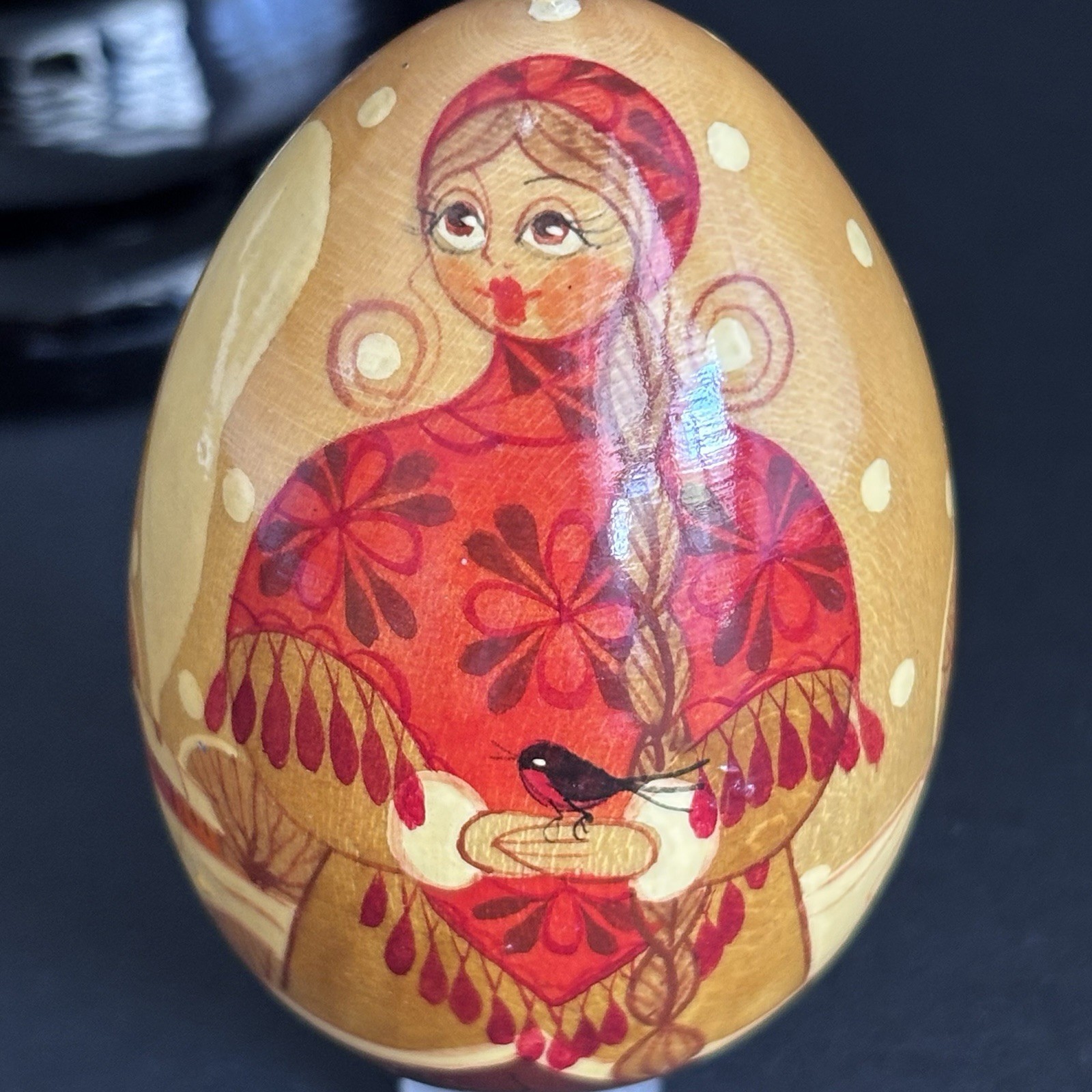 Vintage Russian Girls Hand Painted Egg Lacquered Wood Christmas Winter Cat & Dog