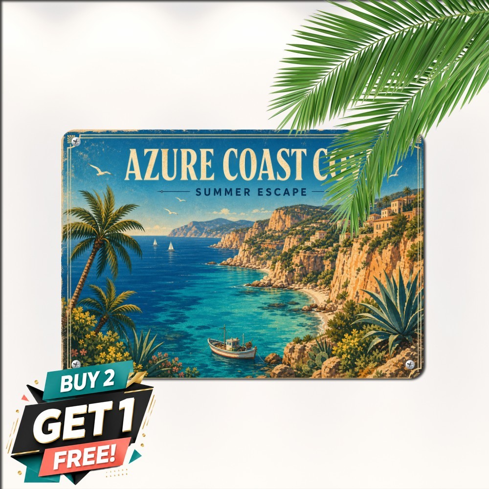 Mediterranean Blue Lagoon Cliffs Coastal Travel Scene Plaque Metal Tin Sign