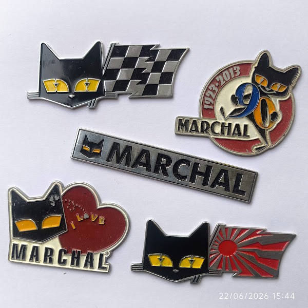 5x VINTAGE SEV MARCHAL FOG LIGHT HISTORY CAT LOGO CAR BADGE JAPAN + start flag