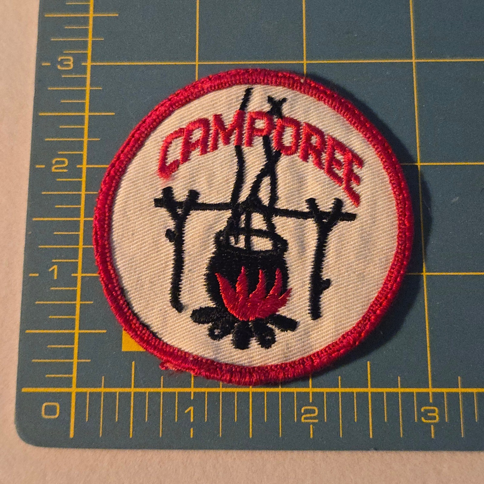 VTG 1960s BSA Camporee Patch White Red Campfire Cauldron Boy Scouts Embroidery