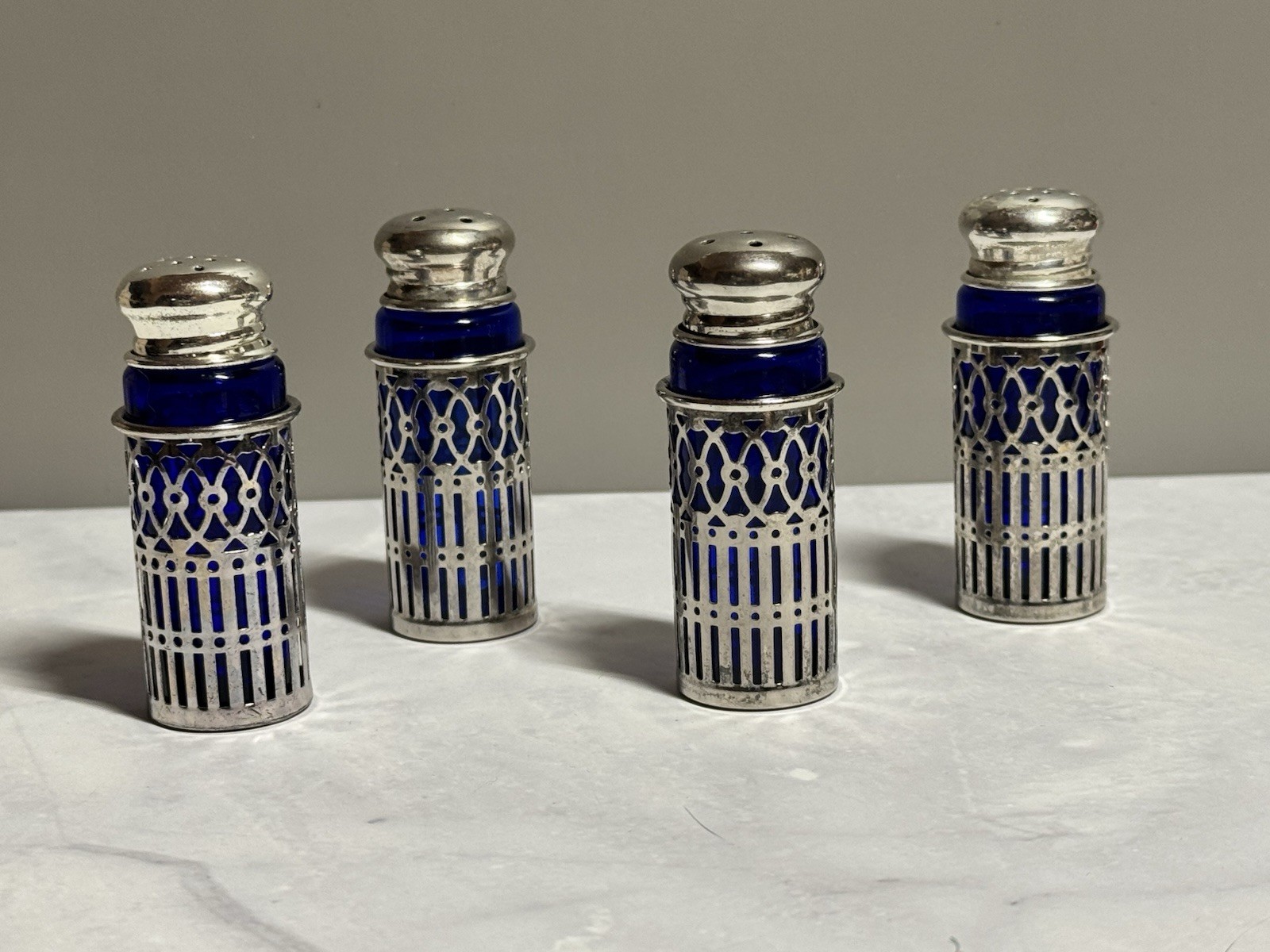Vintage Cobalt Blue Glass Salt Pepper Shakers Set of 4 Filigree Japan Vintage Cobalt Blue Glass Salt Pepper Shakers Set of 4 Filigree Japan