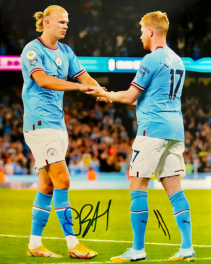 ERLING HAALAND & KEVIN DE BRUYNE SIGNED REPRINT MANCHESTER CITY 8\