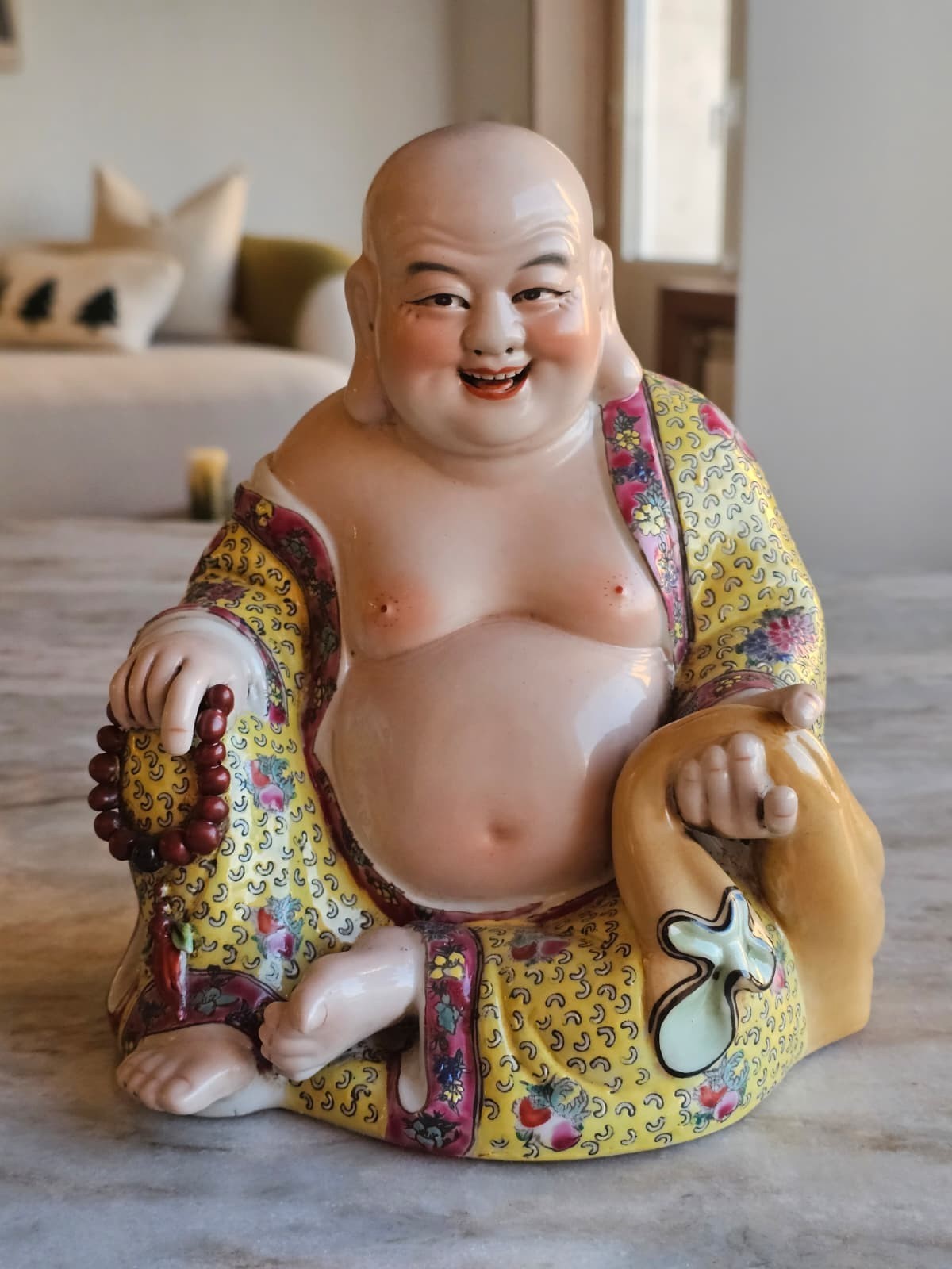 RARE CHINA WUCAI PORCELAIN FIGURINE BUDDHA MAITREYA STATUE 22 CENTIMETERS