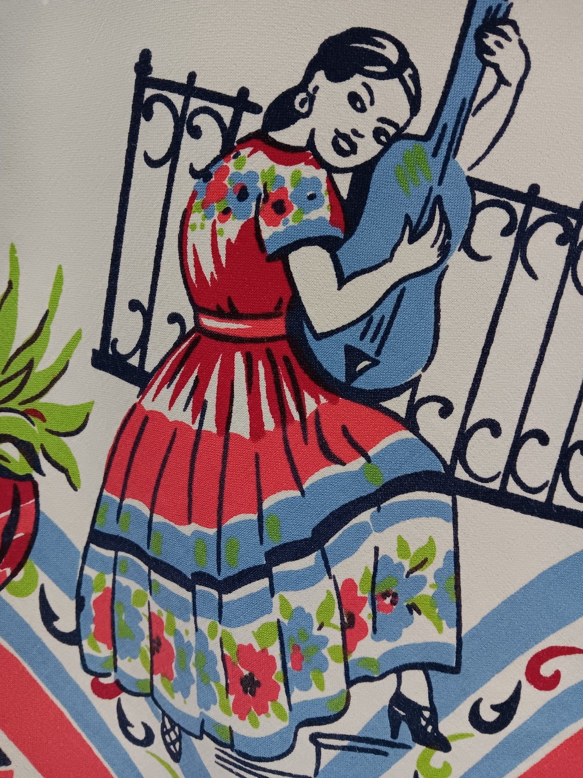 vintage mexican tablecloth Adorable Senorita guitar, bullfighter Pottery Serape