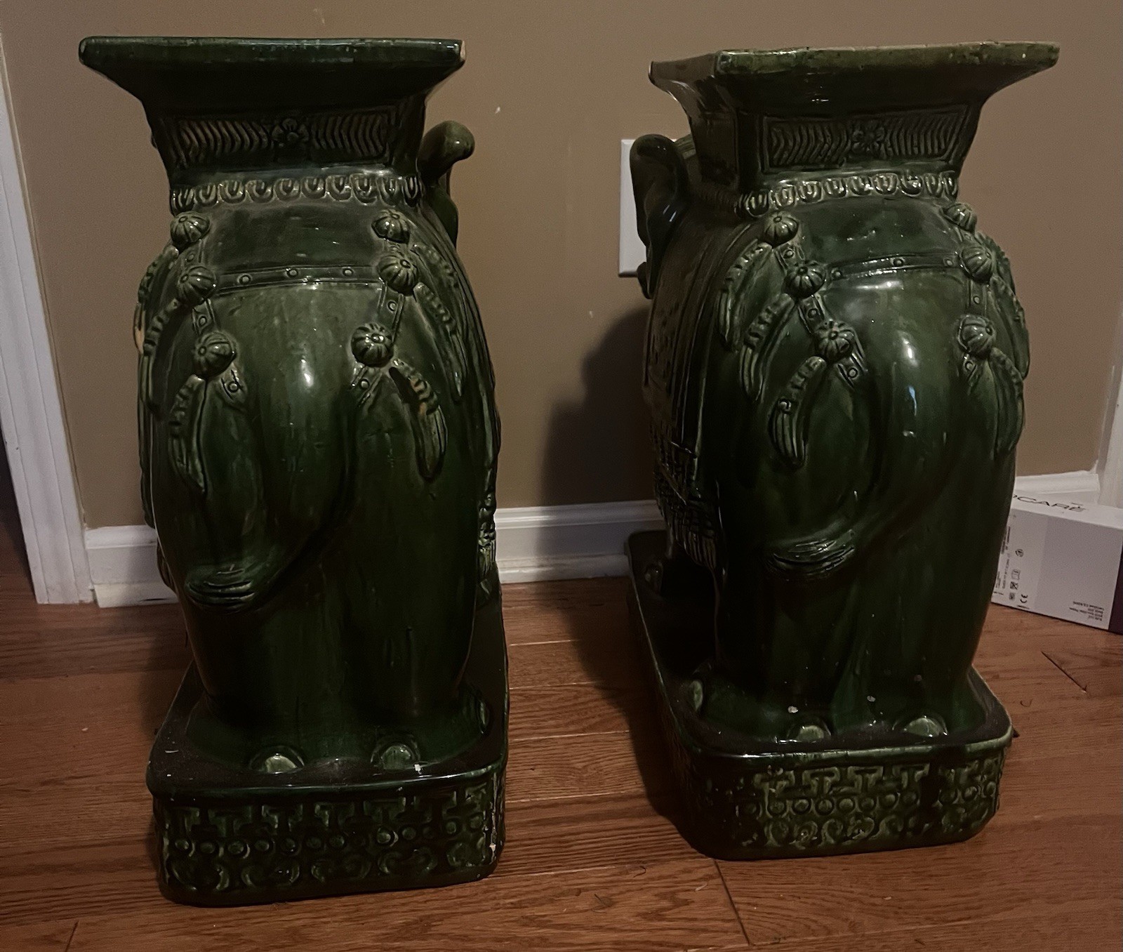 Pair Large 20” Green Ceramic Elephant Garden Stools Plant Stands Chinoiserie