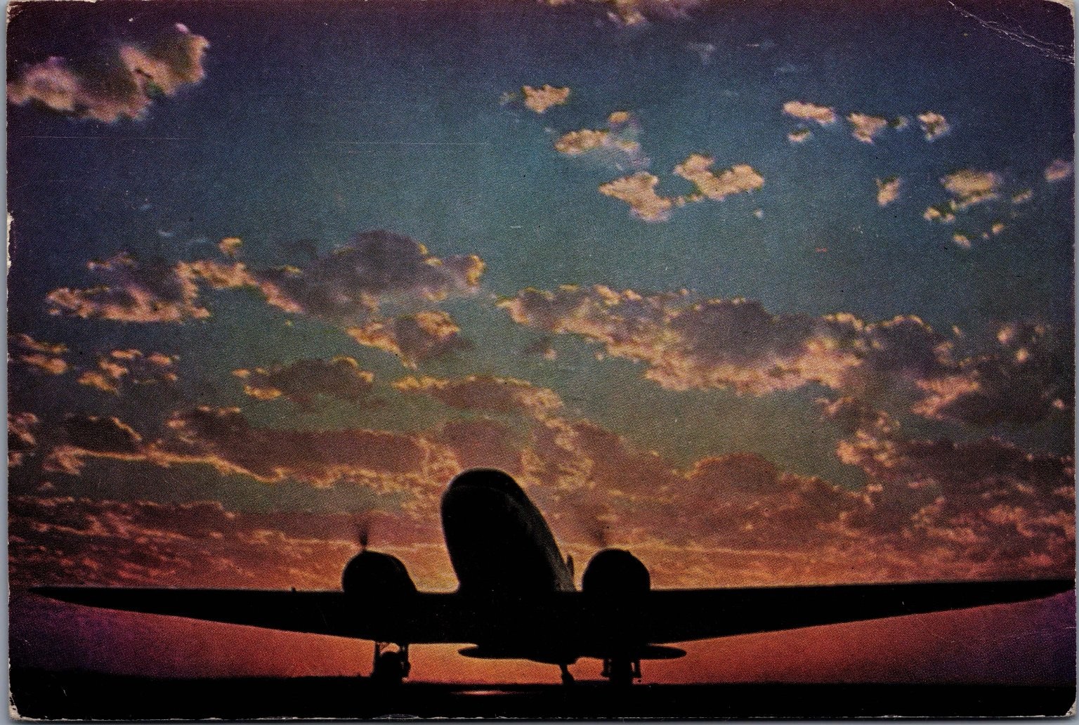 Vintage 1941 United Air Lines DC-3 Sunset Postcard Billings MT to Lewiston ID