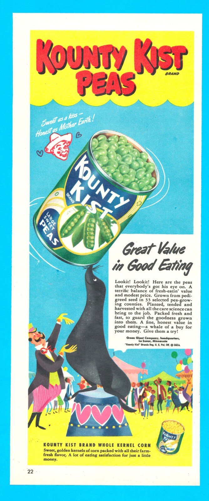 1951 Kounty Kist canned sweet peas circus seal PRINT AD big top tent
