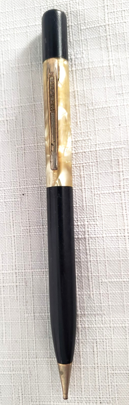 1930s Sheaffer Balance Mechanical Pencil Black & Pearl Celluloid, Separated View