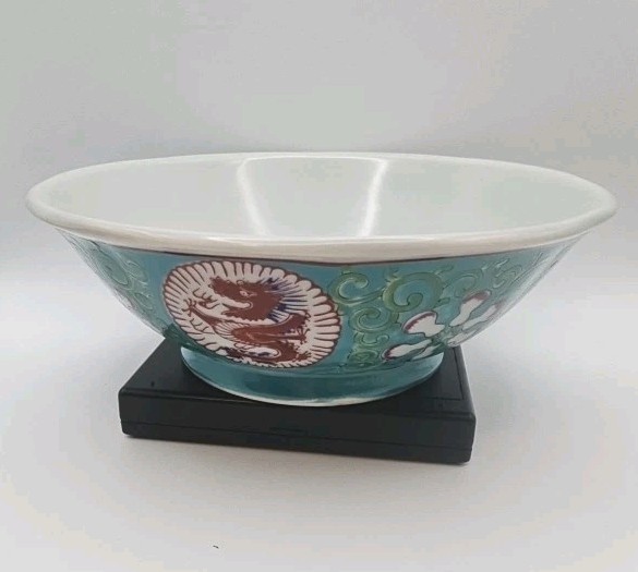 Vintage WONY LTD Japan Kinzan Dragon Porcelain Bowl Turquoise Red Floral