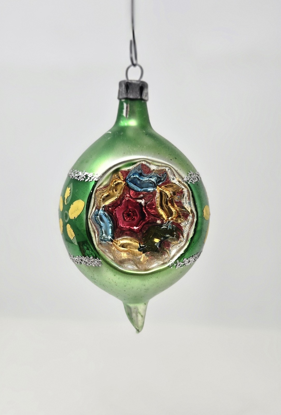 Vintage Glass Christmas Ornament Green Indent Reflector Hand Painted 3\ Vintage Glass Christmas Ornament Green Indent Reflector Hand Painted 3\