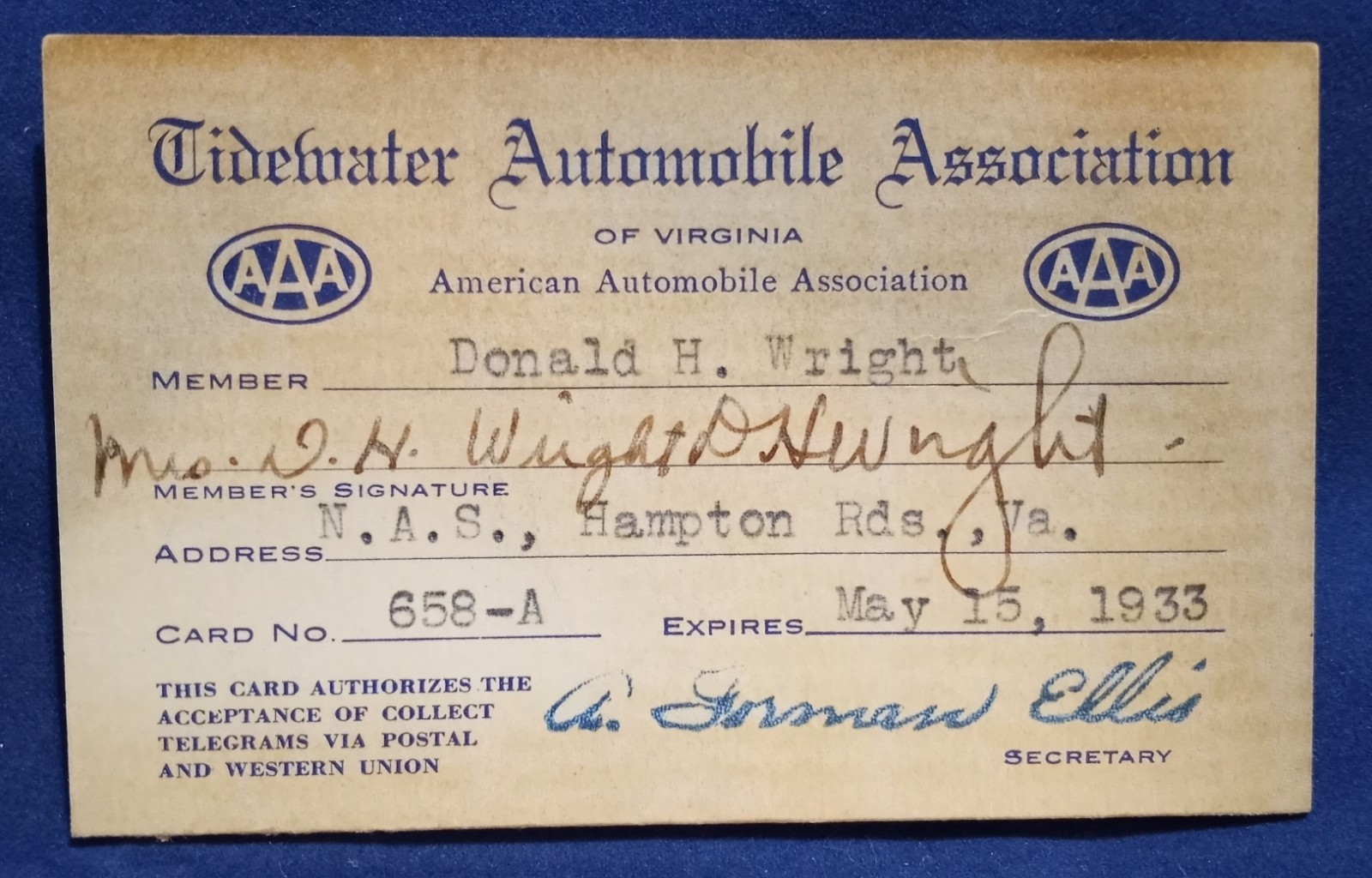 Vintage 1933 Tidewater Automobile Association Member Card Norfolk Virginia 