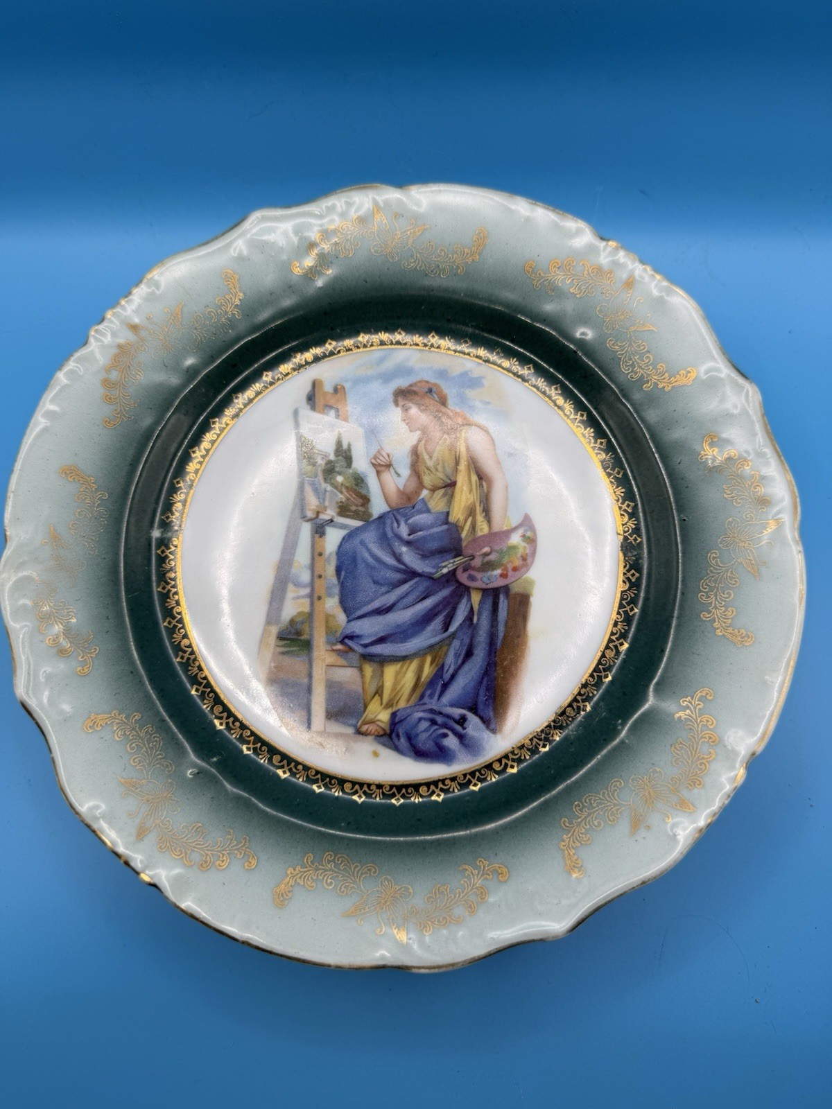 Antique Merkelsgrun NeoClassical Plate - Woman Painting -classic Flecked Gold